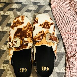 Gianni Bini Cow Print Mules - Brown and Cream